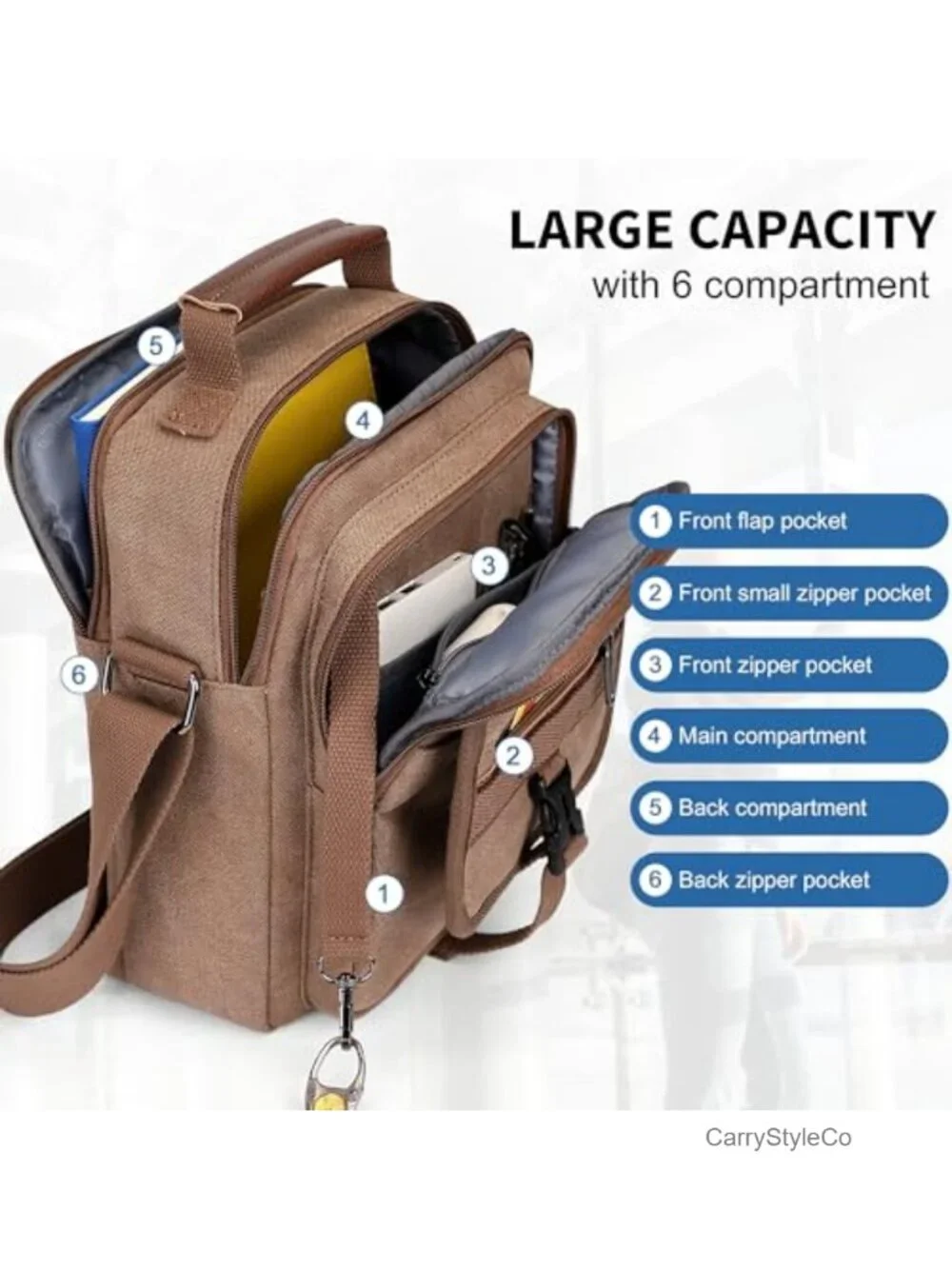 Canvas Crossbody Messenger Bag Men's Adjustable Strap Multiple Pockets